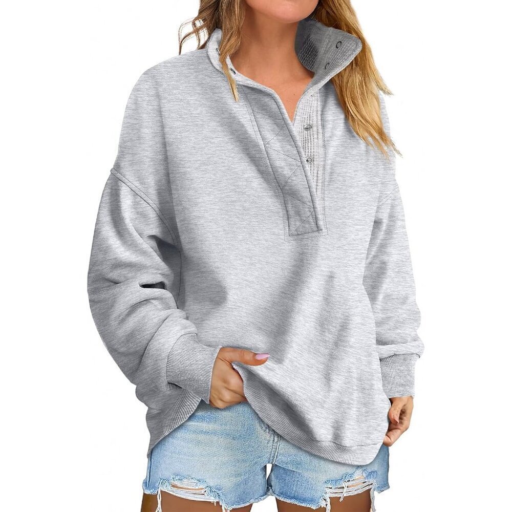 Womens Oversized Henley Sweatshirt Long Sleeve Casual Tops Medium Fit
